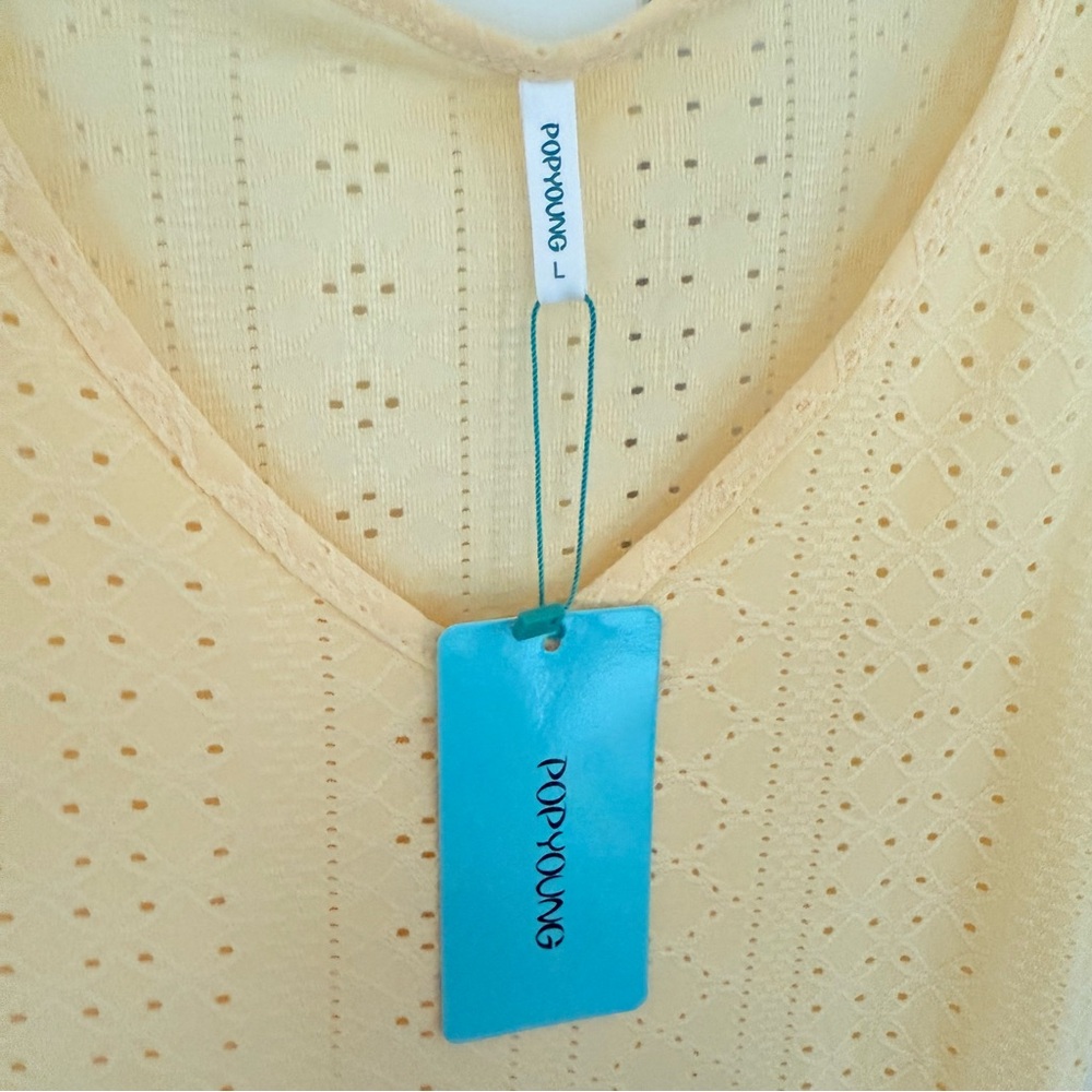 POPYOUNG NWT Bodycon Minidress Beach Cover Up Pale Yellow Eyelet Sheer V-Neck L - Picture 6 of 12